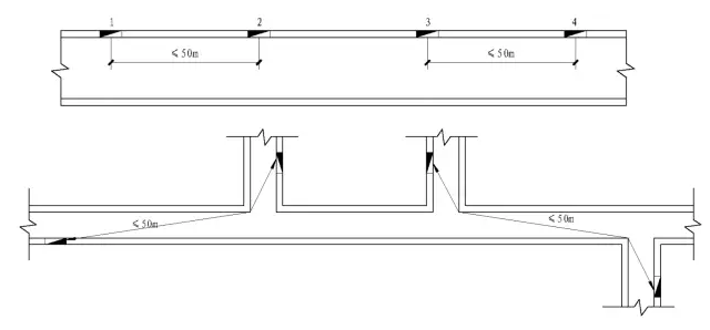 在满足1股水柱同时到达任意一点的情况下,消火栓2和3的距离可大于50m